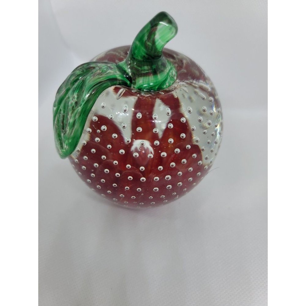Joe st Clair Art Glass Controlled Bubble Paperweight Red Apple w/ Green Leaf 4"